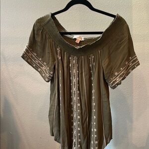 Knox Rose Olive Green Embroidered Off-Shoulder Top